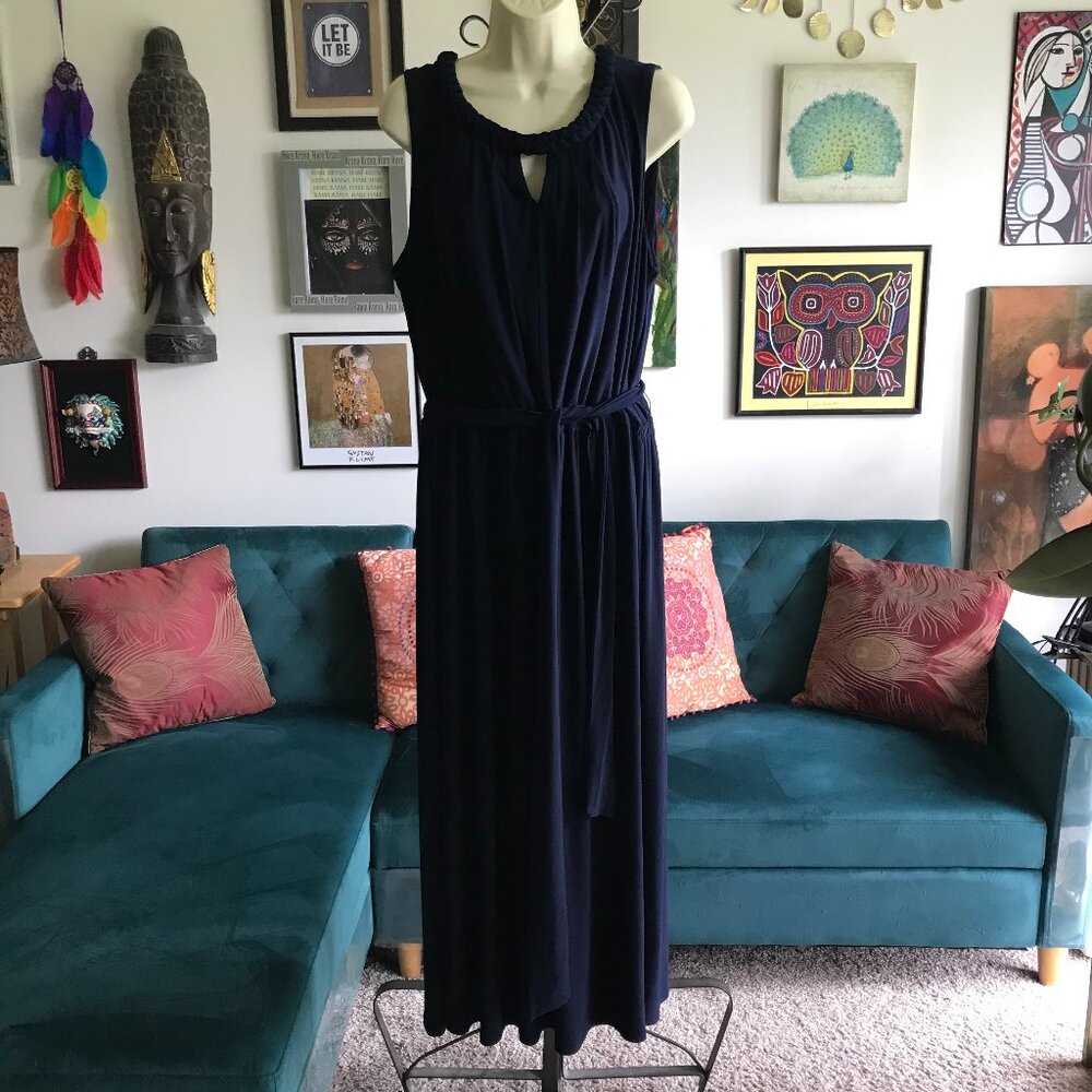 CJ BANKS size 1X Navy Blue Stretch Jersey Sleeveless Tie Belt Maxi Dress